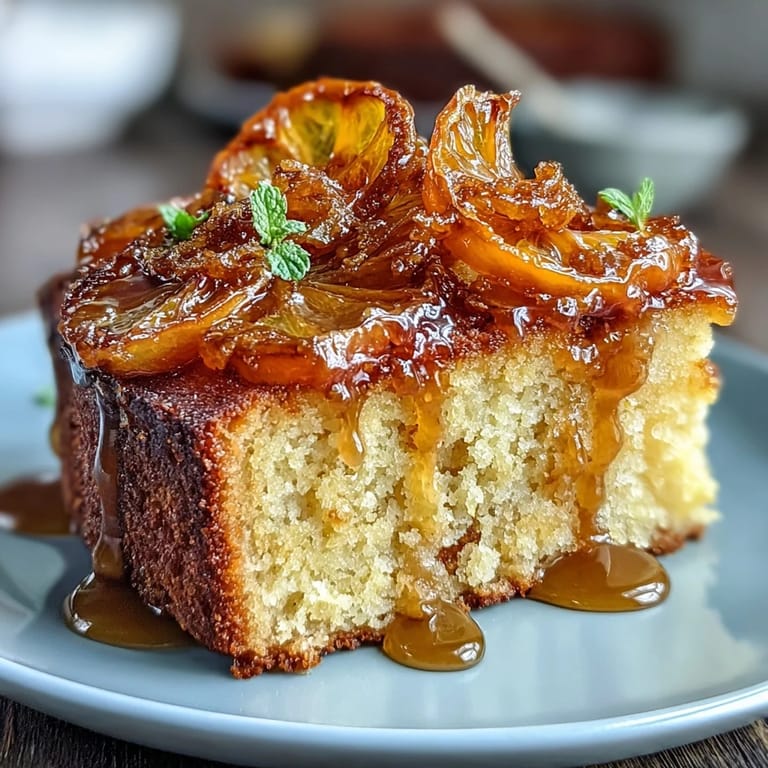 Slices of tender olive oil cake adorned with candied oranges and a bright citrus glaze for a stunning finish.