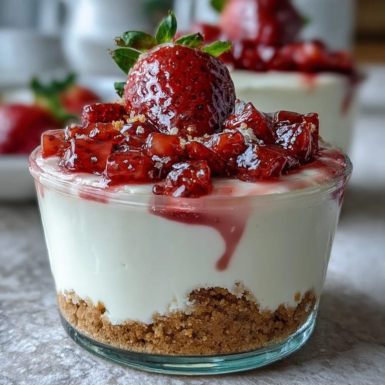Sweet and romantic Valentines Day dessert featuring luscious strawberry cheesecake cups with a crisp graham cracker base and fresh berry topping.  