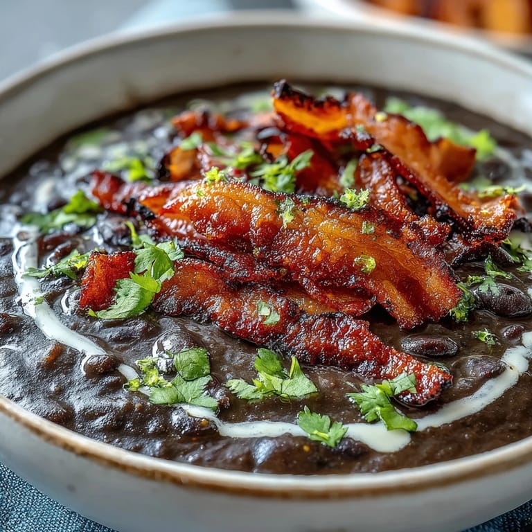 A hearty bowl of smoky black bean soup topped with crunchy bacon bits and tangy lime crema, perfect for dinner.