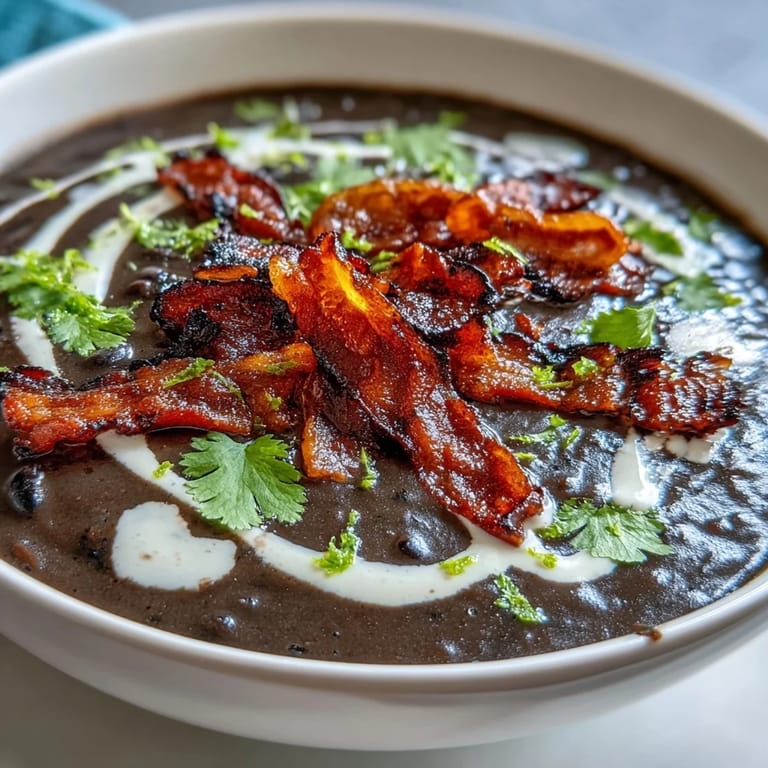 Velvety black bean soup with rich bacon flavor, finished with a swirl of lime crema and fresh herb garnish.