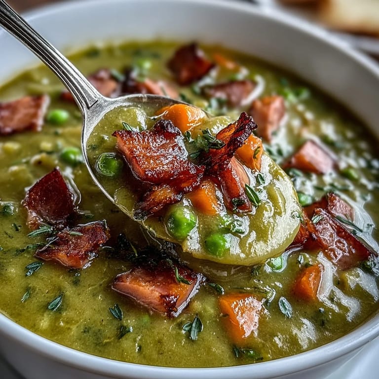 Rich and creamy split pea soup loaded with diced carrots, savory ham, and aromatic herbs in a hearty broth.