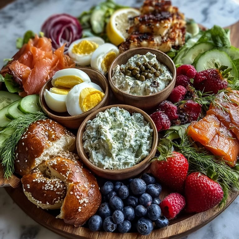 Artfully arranged Galentines brunch board featuring sliced bagels, silky smoked salmon, and vibrant berries for sharing.
