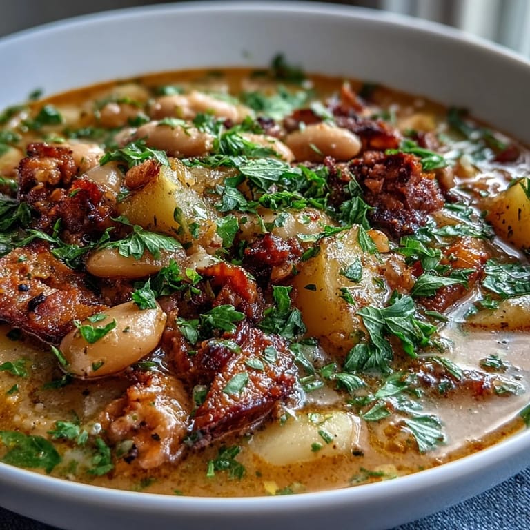 Chunky bean soup featuring smoked ham, diced potatoes, and aromatic herbs—comfort food at its best.  