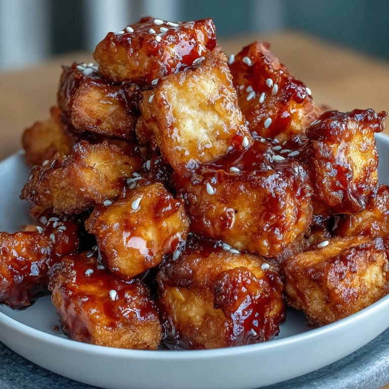 Spicy-sweet air fryer tofu nuggets with a crunchy coating, garnished with sesame seeds and fresh green onions.