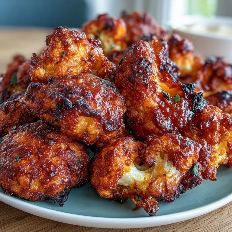 Spicy Buffalo cauliflower wings made in the air fryer, with a crunchy coating and bold, zesty flavor for game day snacking.