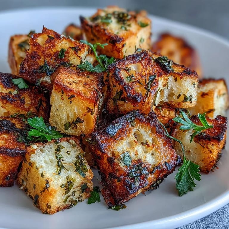 Golden sourdough croutons seasoned with garlic and fragrant herbs, perfect for adding crunch to soups and salads.  