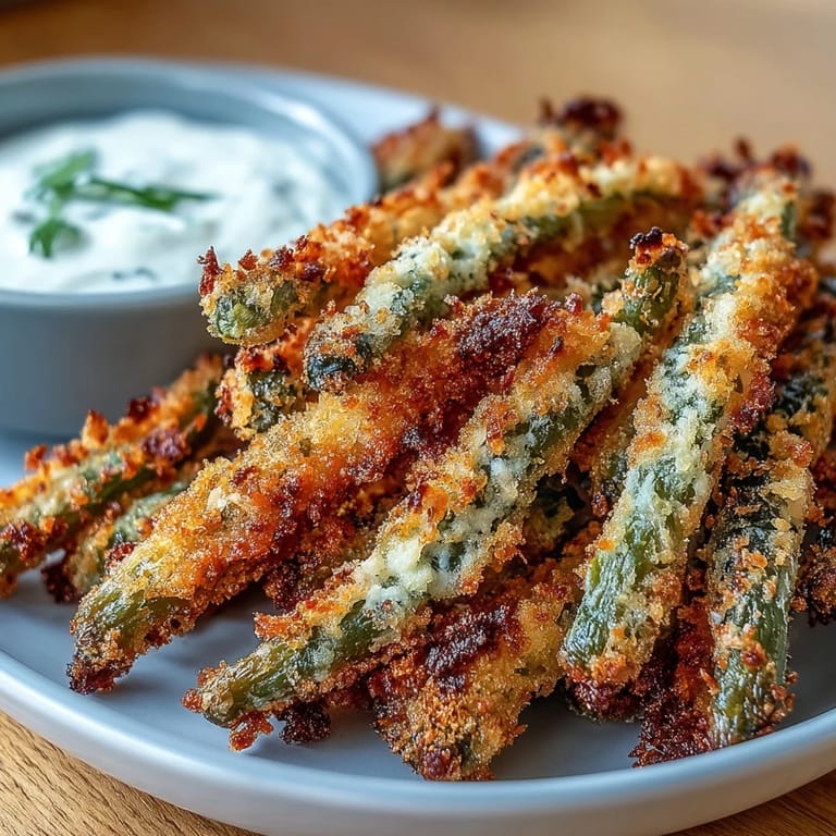 Golden green bean fries made in the air fryer, paired with tangy homemade ranch yogurt dip—perfect appetizer or side dish.  