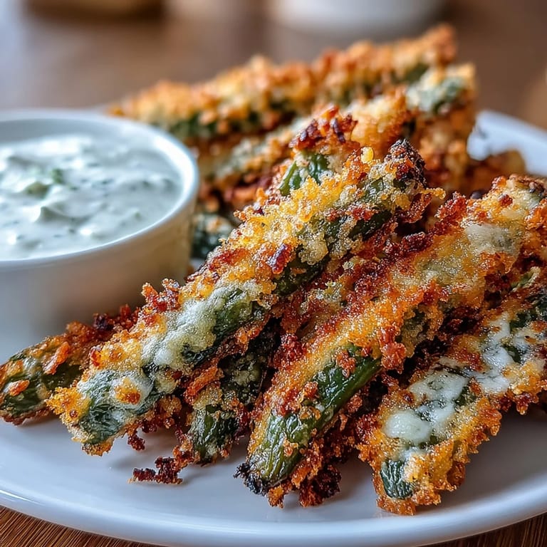 Crunchy green bean fries with garlic and paprika, served alongside smooth ranch yogurt dip for a flavorful vegetarian treat.