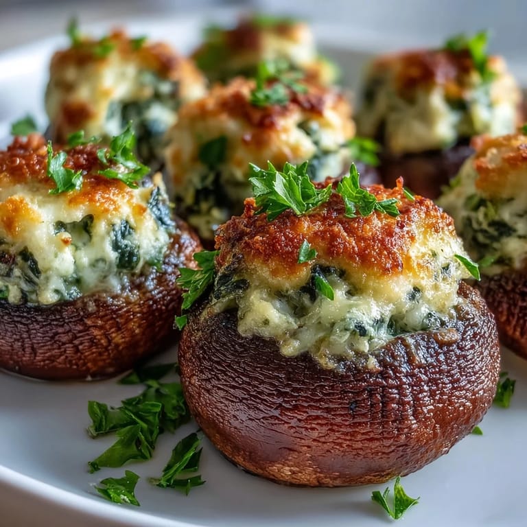 Creamy spinach and cheese stuffed mushrooms air fried until tender, a delicious vegetarian appetizer.