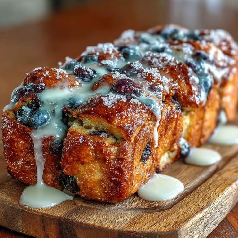 Fluffy sourdough bread swirled with fresh blueberries and lemon zest, baked golden and drizzled with citrus glaze for a sweet morning treat.