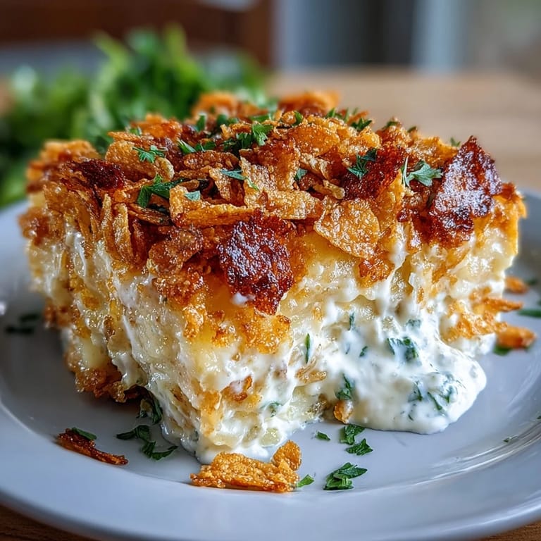 Creamy Greek yogurt and shredded potato casserole with a crunchy cornflake topping, baked until bubbly and golden brown.