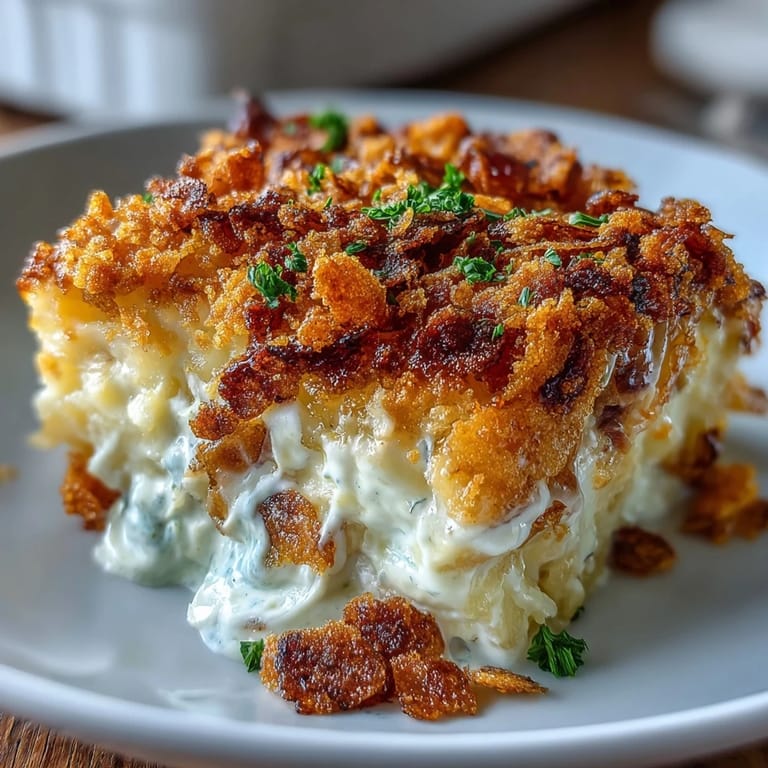 Cheesy funeral potatoes lightened with Greek yogurt, baked in a casserole with a crispy cornflake crust for gatherings.