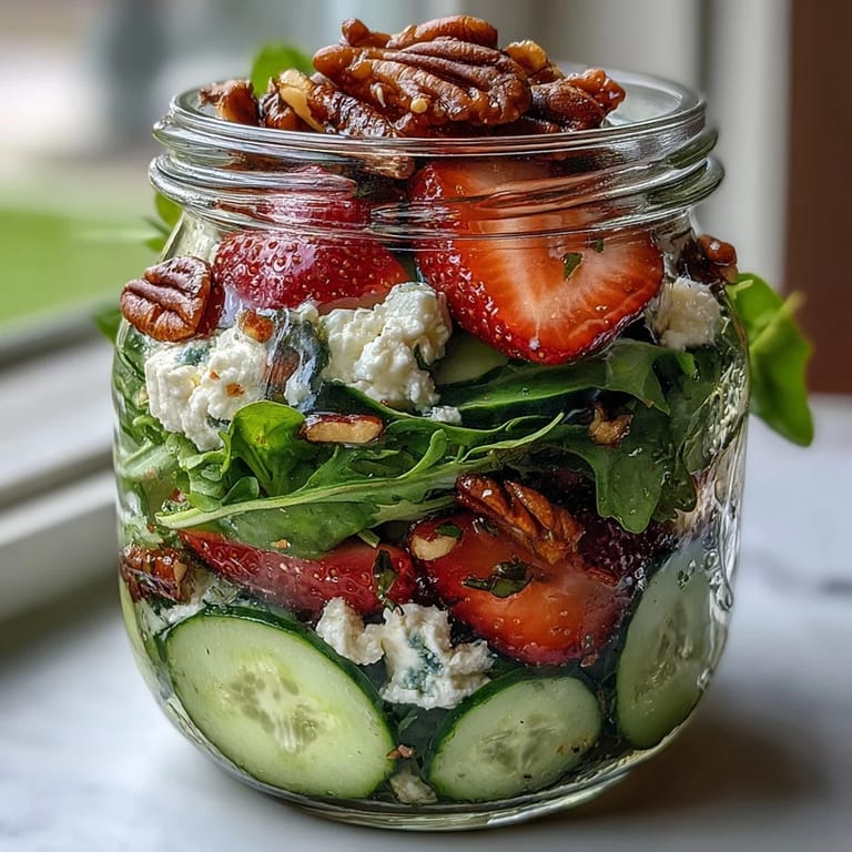 Vibrant picnic jar salad featuring juicy strawberries, creamy goat cheese, crunchy pecans, and crisp mixed greens.  