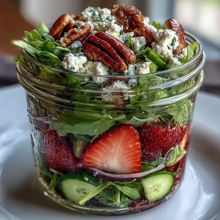 Portable Mason jar salad with sweet strawberries, tangy goat cheese, toasted nuts, and fresh greens for on-the-go meals.