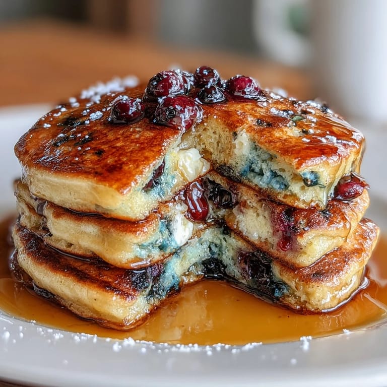 Golden brown pancakes bursting with blueberries and lemon flavor, perfect for using up extra sourdough starter.