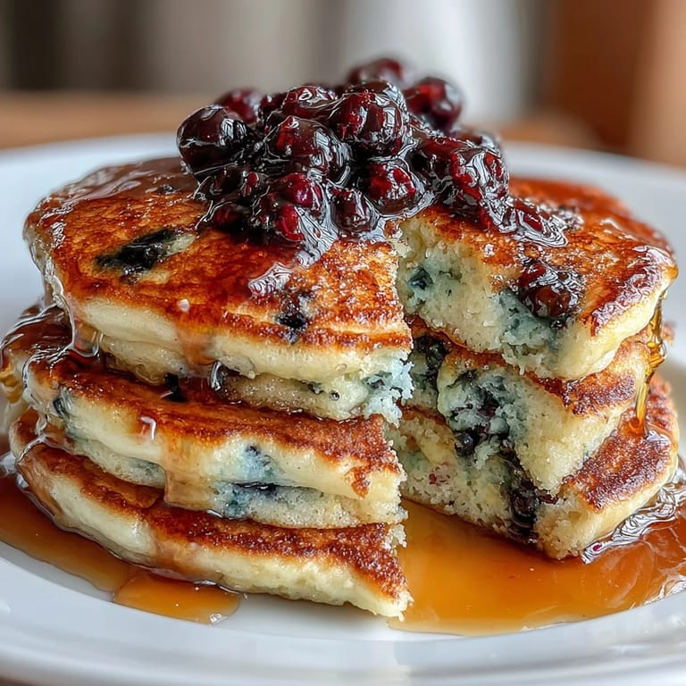 Stack of soft, tangy lemon blueberry pancakes made with sourdough discard, drizzled with maple syrup and fresh berries.