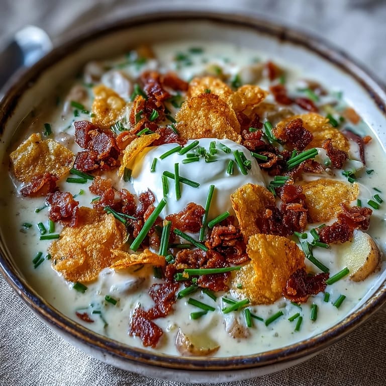 Rich cheesy loaded baked potato soup topped with sour cream, chives, and crunchy potato chip crumbles.  