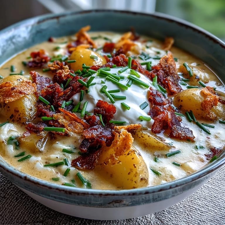 Comforting loaded baked potato soup with tender potatoes, smoky bacon, and melted cheddar in every spoonful.