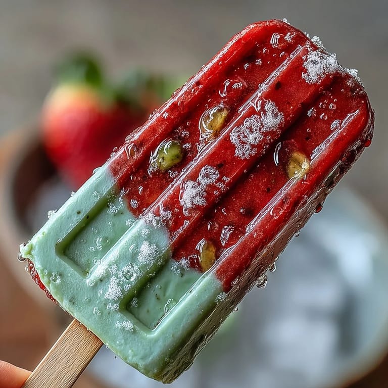 Sweet strawberries blended with earthy matcha and creamy milk, creating a beautiful layered popsicle dessert.