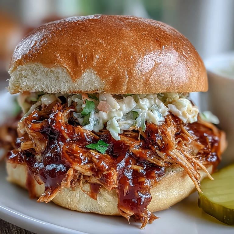 Soft slider buns piled high with tender, smoky pulled chicken and drizzled with rich BBQ sauce for a party favorite.
