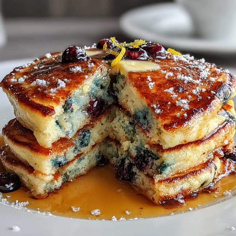 Golden sourdough pancakes infused with lemon and bursting with fresh blueberries, served warm with extra fruit on the side.