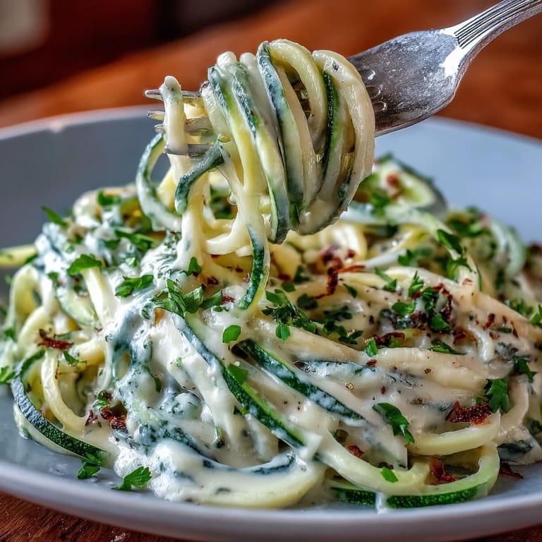 A light and satisfying vegetarian meal featuring protein-rich Alfredo sauce and fresh zucchini noodles.  