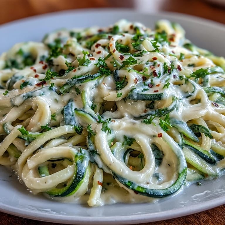 Low-carb zucchini noodles coated in smooth cottage cheese Alfredo sauce, garnished with parsley and Parmesan.