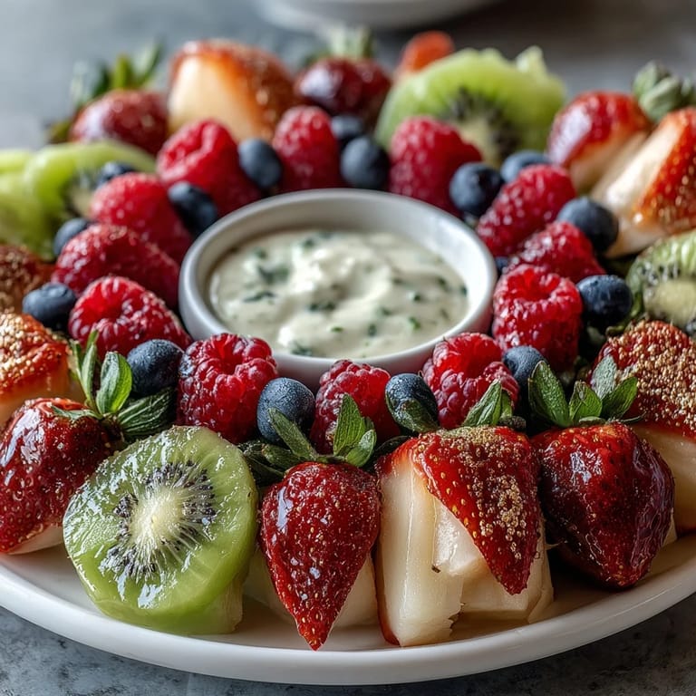 A vibrant spring fruit platter arranged in a petal pattern with strawberries, blueberries, and kiwi, paired with a zesty lemon yogurt dip for baby showers.