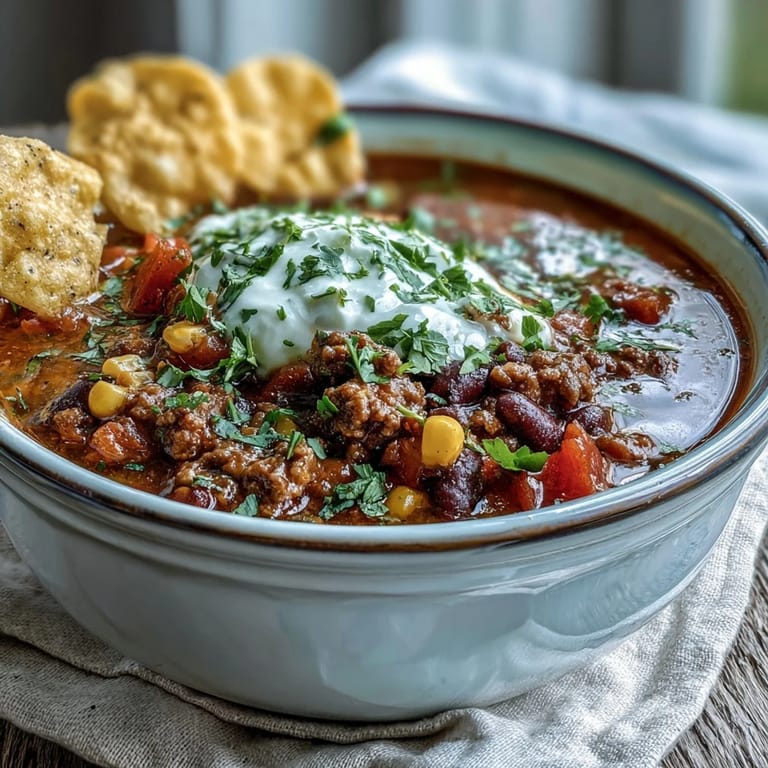 Hearty taco soup simmering in a Dutch oven, filled with seasoned ground beef, black beans, and diced tomatoes, ready for toppings.  