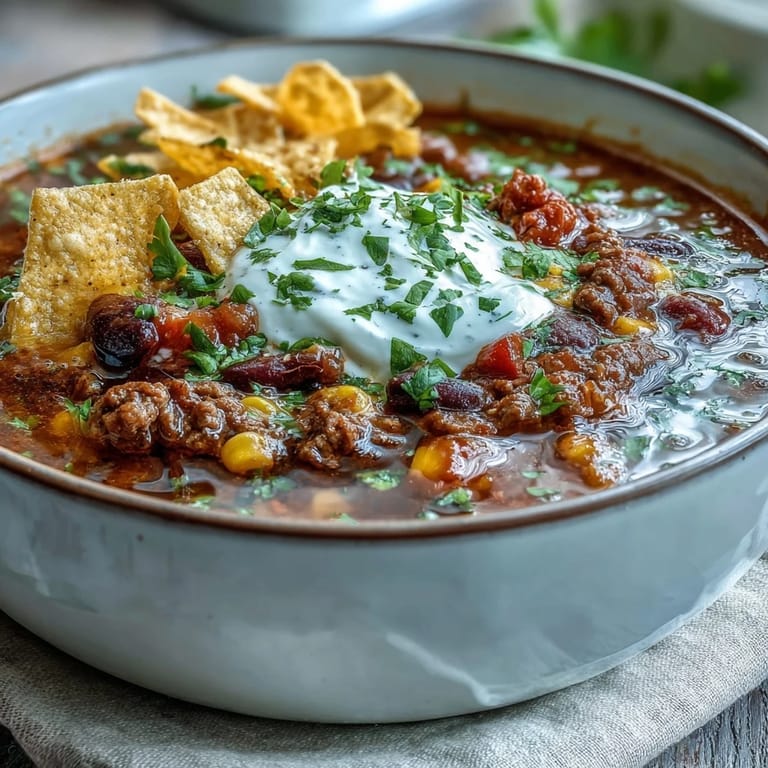 Close-up of taco soup topped with sour cream, jalapeños, and crispy tortilla chips, showcasing rich flavors and Tex-Mex inspiration.