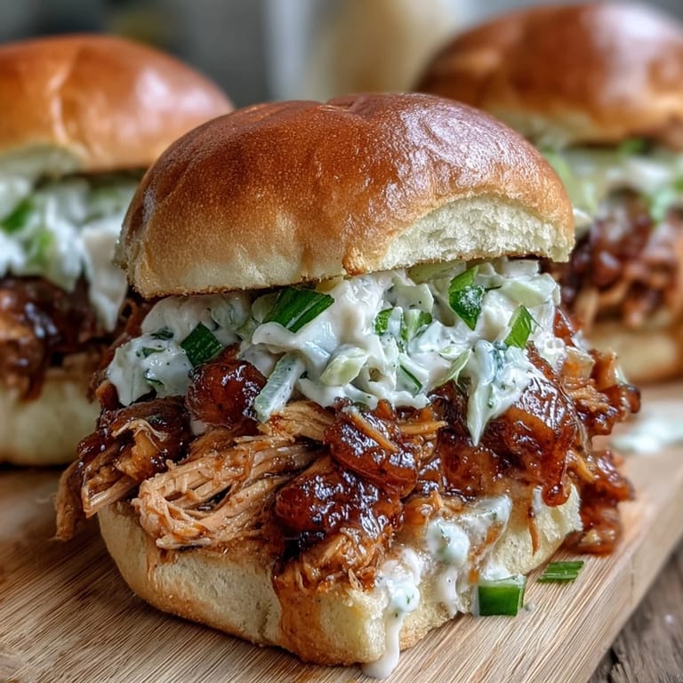 Soft slider buns filled with tender shredded chicken and topped with tangy coleslaw, served alongside pickles.  