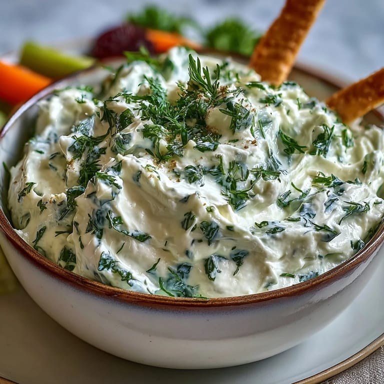 A bowl of whipped cottage cheese ranch dip, surrounded by crisp carrot, cucumber, and bell pepper sticks for healthy snacking.  