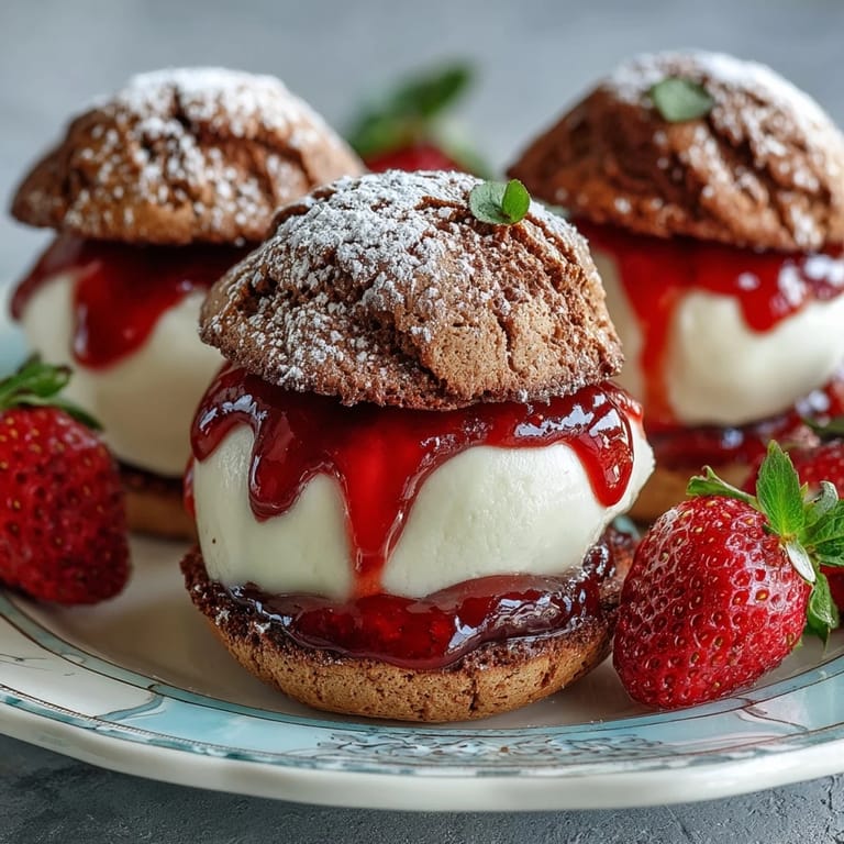 Buttery thumbprint cookies with creamy clotted cream and vibrant strawberry jam, perfect British dessert bites served on a rustic wooden board.