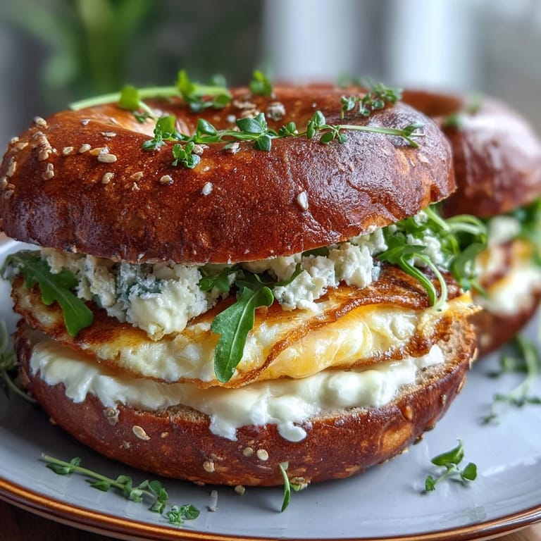 High-protein bagels stacked with savory eggs, melted cheese, and fresh spinach — perfect for quick, wholesome breakfast prep.  
