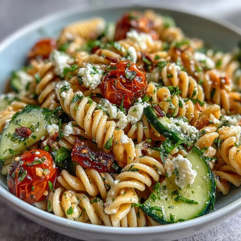 Bright and refreshing Lemon Vinaigrette Pasta Salad with Cucumbers and Cherry Tomatoes, perfect for summer picnics or light lunches.
