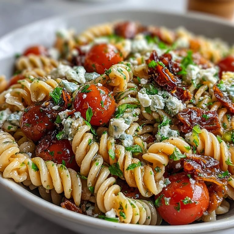 Colorful Lemon Vinaigrette Pasta Salad with Cucumbers and Cherry Tomatoes, drizzled with a tangy lemon dressing and sprinkled with toasted pine nuts.