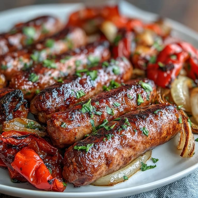 Easy sheet pan sausage and peppers recipe with smoky roasted sausages, tender peppers, and onions, served hot from the oven.