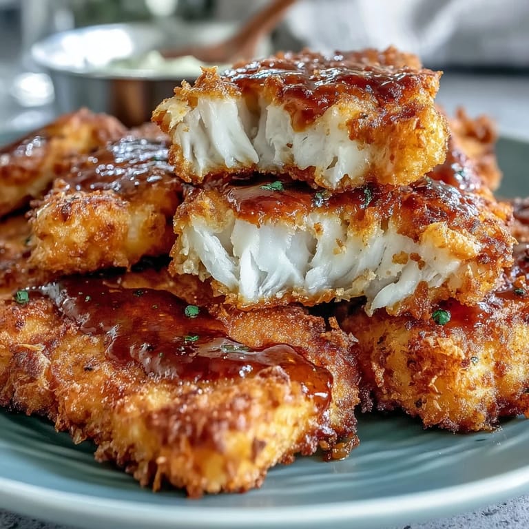 Golden-brown catfish fillets, seasoned with paprika and cayenne, paired with zesty homemade remoulade sauce.  