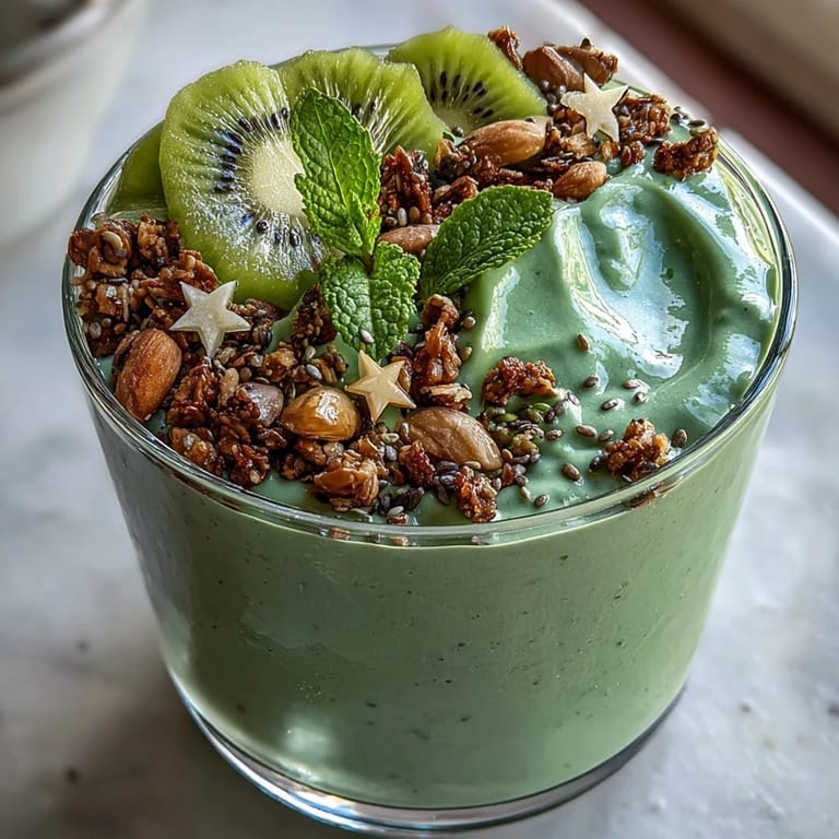 High-protein green smoothie bowl featuring fresh kiwi shamrock, crunchy granola, and coconut flakes—perfect for a healthy St. Patrick's Day celebration.