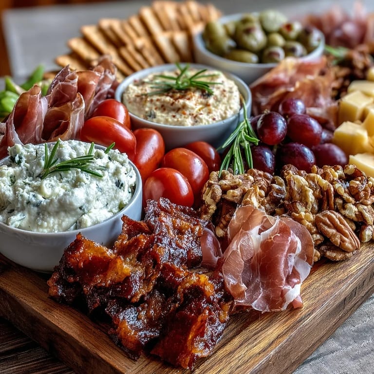 Housewarming Party Charcuterie Board with Dips and Crackers with colorful grapes, dried fruits, and olives for a balanced, crowd-pleasing appetizer.