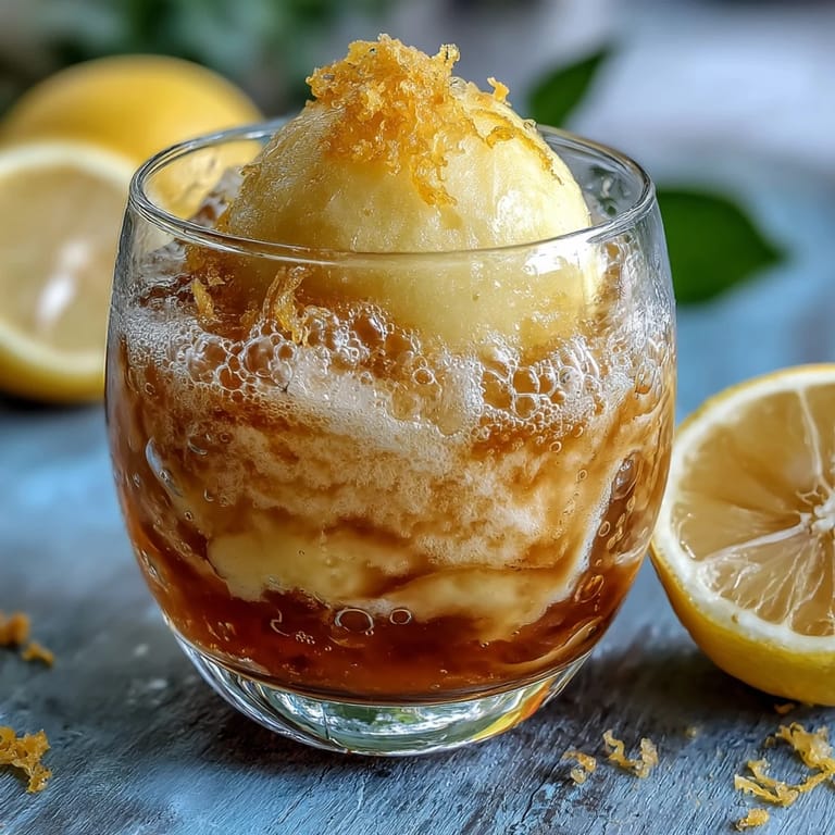 A refreshing Limoncello sorbet float topped with bubbly sparkling water and bright lemon slices.