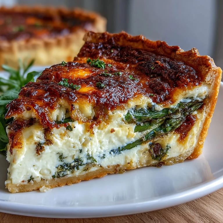 Savory quiche with tender asparagus spears and creamy Brie, baked until set in a buttery crust.