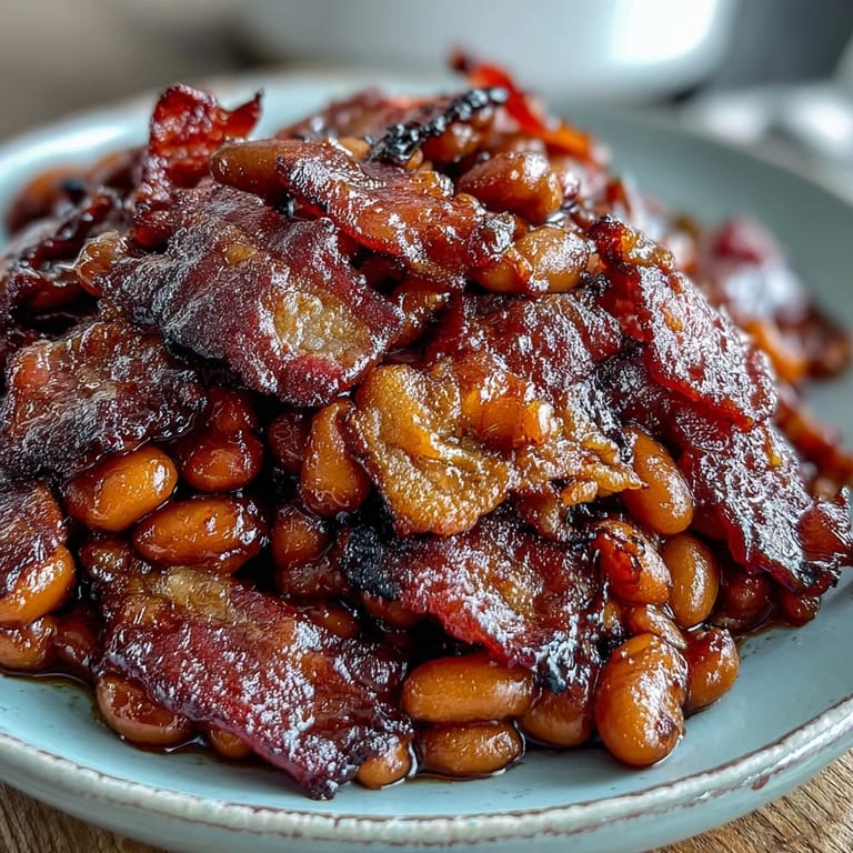 Rich and smoky BBQ baked beans with caramelized onions and bell peppers, topped with crunchy bacon for a hearty, savory side dish.
