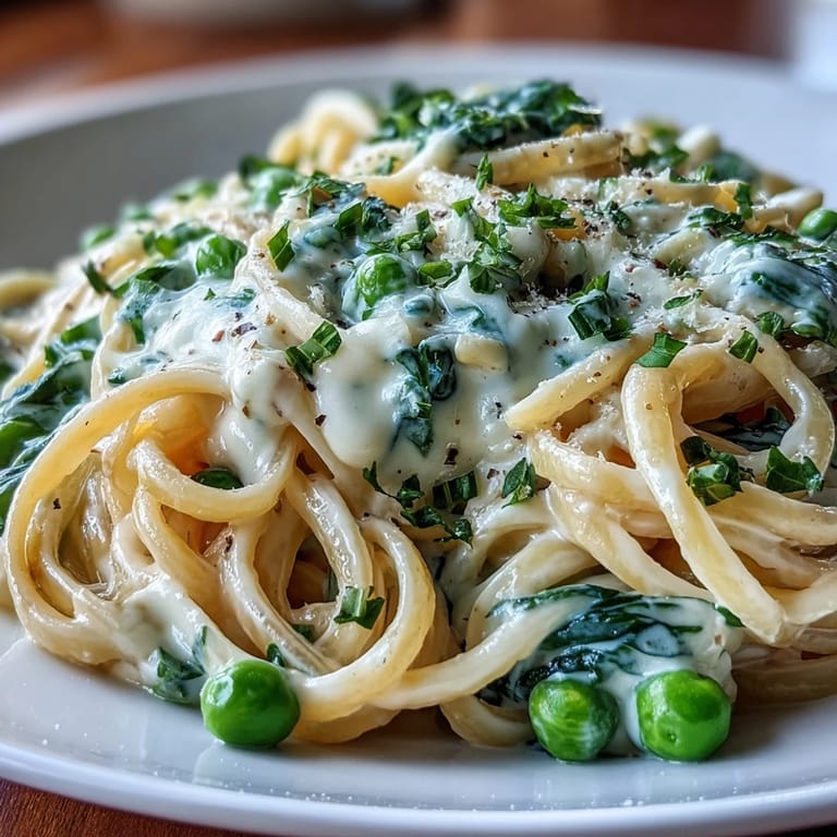 Bright lemon cream pasta with peas and spinach, finished with Parmesan and a sprinkle of lemon zest.