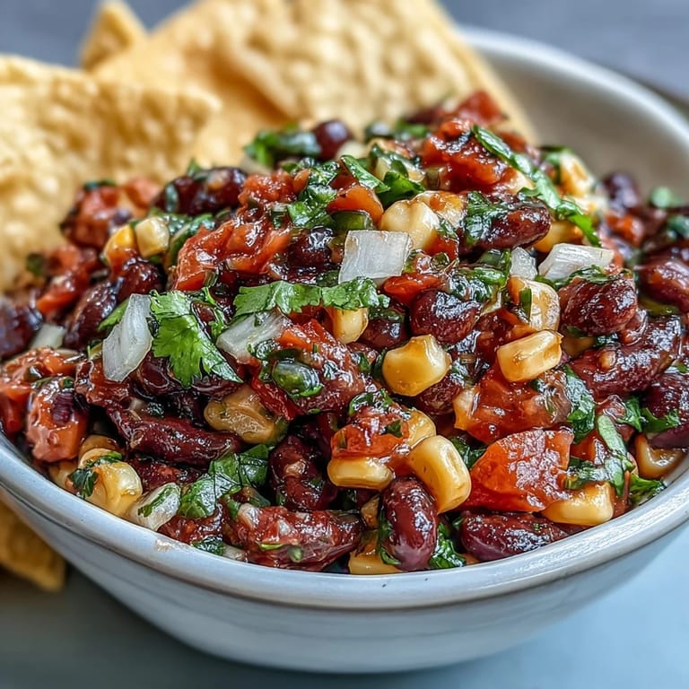 Zesty Cowboy Caviar Dip with black beans, sweet corn, and pico de gallo, ready to scoop with tortilla chips.