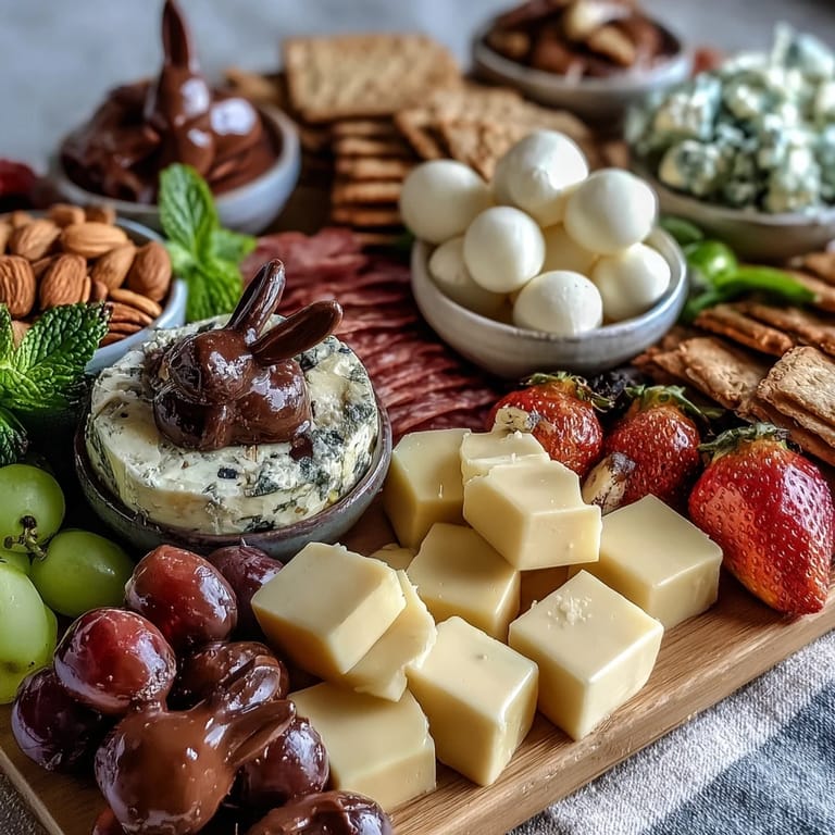 Mini Easter Basket Treat Board showcasing a vibrant mix of fresh fruits, pastel chocolates, and savory bites, perfect for an eye-catching seasonal appetizer centerpiece.