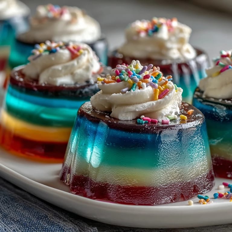 Colorful rainbow Jello cups delight kids with bright, fruity flavors and creamy whipped cream in clear serving glasses.