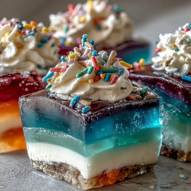 Festive rainbow Jello cups for kids feature fruity gelatin layers and a cloud of whipped topping—perfect for parties.