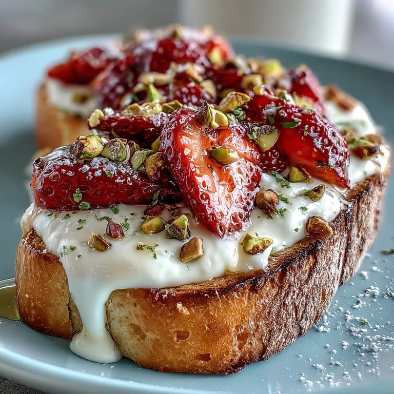 Golden toast topped with ricotta, strawberries, honey, and crushed pistachios.