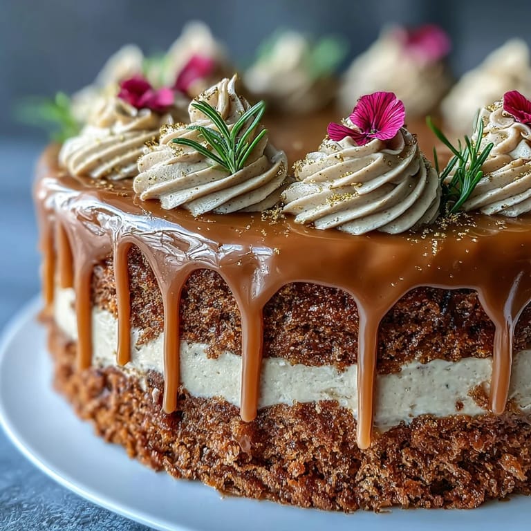 Moist butterscotch cake, draped in floral buttercream, ready to serve.